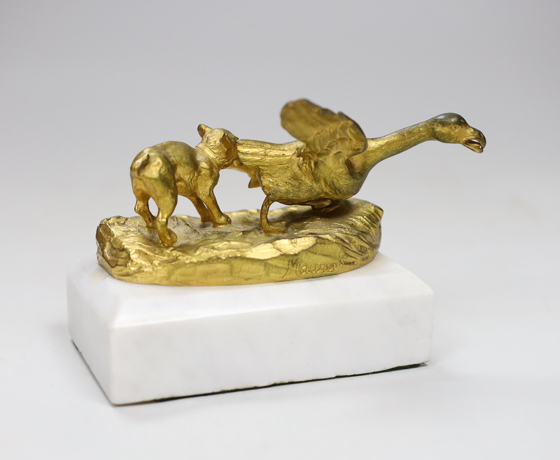 A gilt-bronze model dog and duck signed Mauroy, on marble base, 13.5cm long